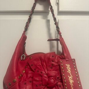 Betsey Johnson Red Shoulder Bag with Stud Accents